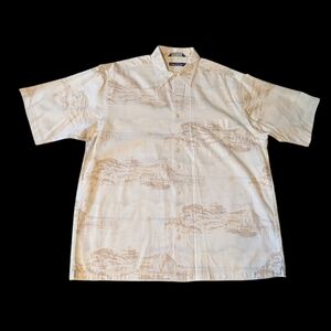 90s Nautica Micro Ribbed Island Boat Resort Print SS Button Front Shirt Men's L